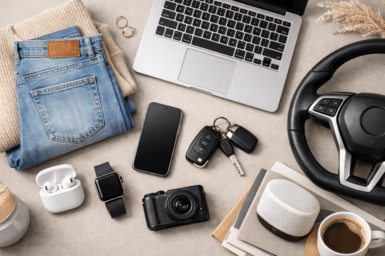 Flat lay of clothing, tech gadgets, and coffee representing lifestyle essentials for getting the best deals.