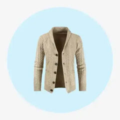 Beige cable knit button-up cardigan sweater for Event & Occasion Wear, smart casual layer for parties and gatherings