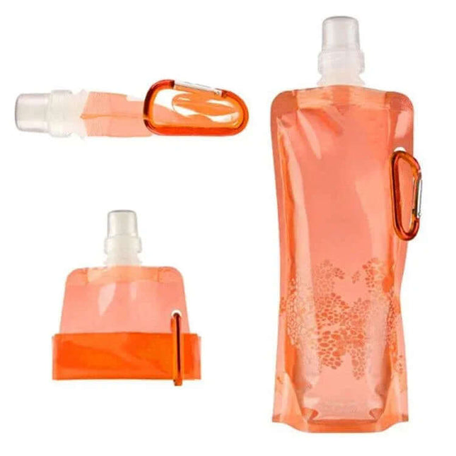 0.5L Silicone Water Bag for Hiking and Camping Everyday Hydration - collapsible orange silicone water pouch with carabiner