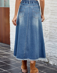 Raw Hem Buttoned Denim Skirt with Pockets