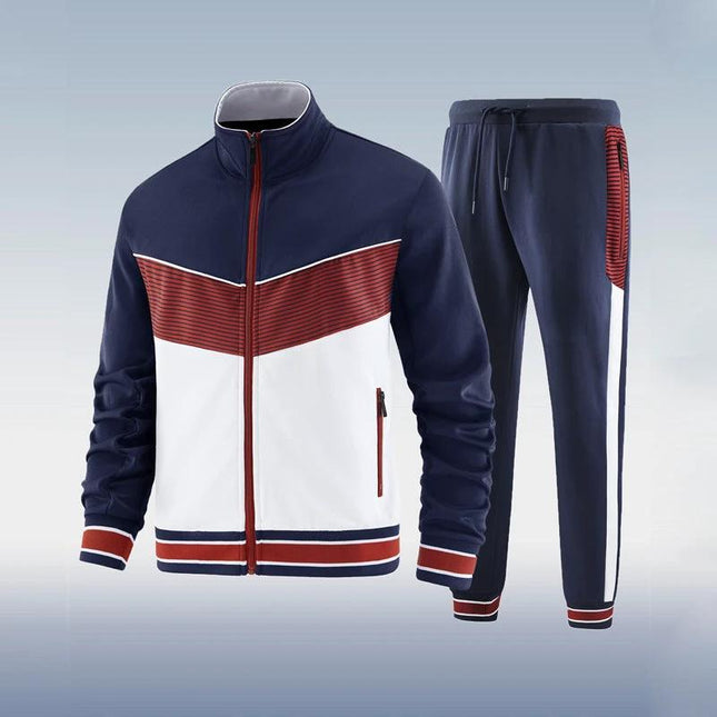 Sports Jacket with Zippered Collar and Casual Pants Set navy red white zippered-collar jacket and matching pants for active everyday wear