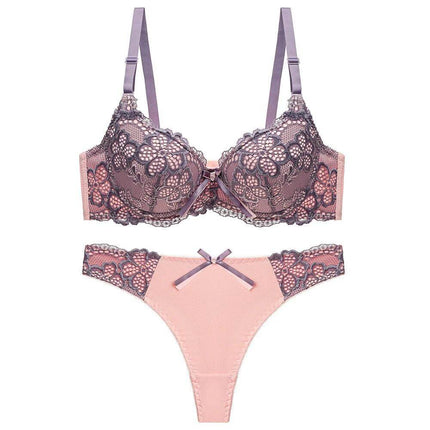 Women's Adjustable Lace Push-Up Bra Set for Everyday Wear - pink lace 3/4 cup spandex bra and matching thong, adjustable straps, supportive everyday set