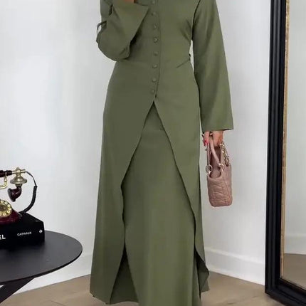 Solid Color Long Sleeve Top And Skirt Set For Daily Wear