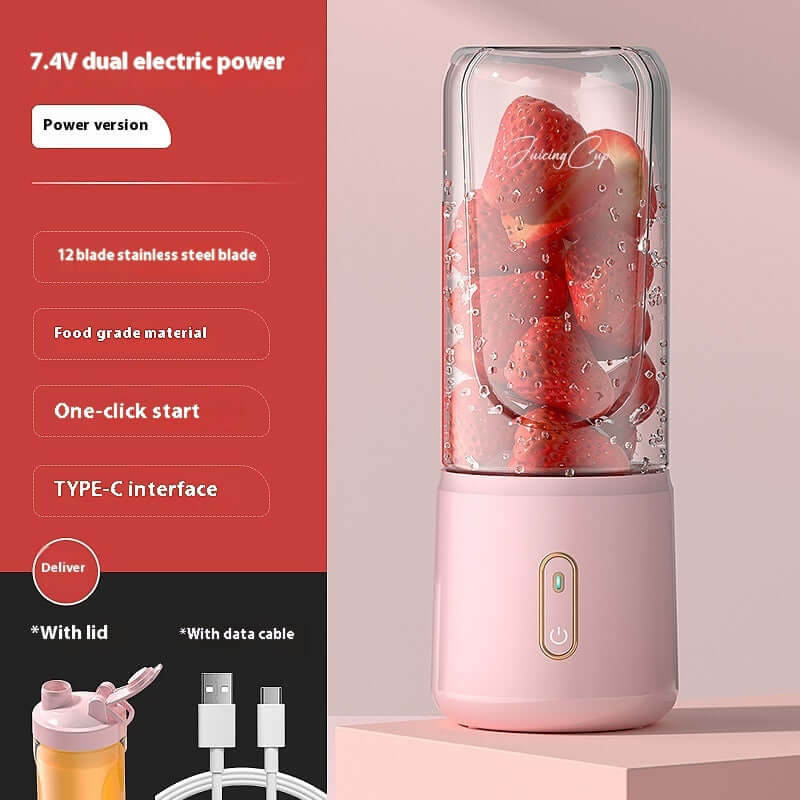 Rechargeable Portable Juice Blender with strawberries and TYPE-C interface for quiet and efficient blending.