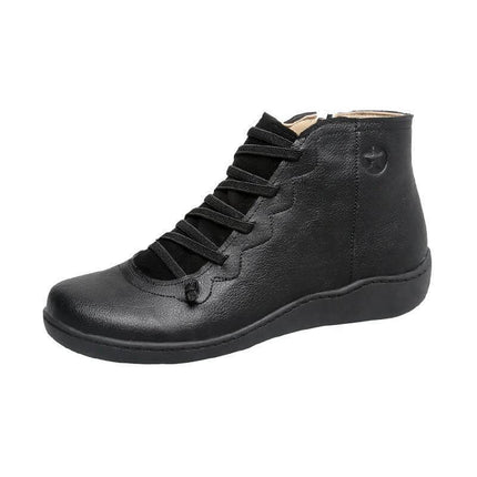 Women's Casual High Top Short Boots With Low Heel Round Toe black PU side zipper short boot for city commuting