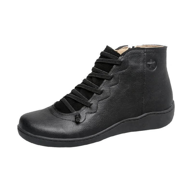 Women's Casual High Top Short Boots With Low Heel Round Toe black PU side zipper short boot for city commuting