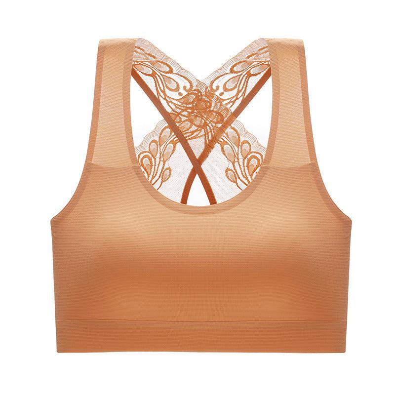 Seamless No-Rims Latex Women's Comfort Bra in tan color with lace back detail for unmatched support and elegance