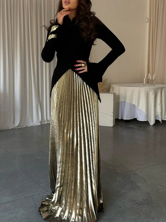 Black Bell Sleeve Top And Pleated Skirt Set For Daily Wear