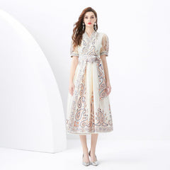 Classic Bow-Embellished Apricot Dress for Women