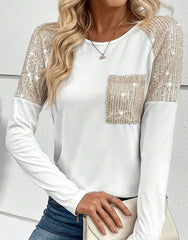 Sequin Round Neck Long Sleeve T-Shirt