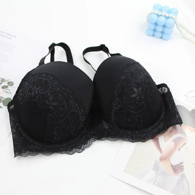 Simple and Casual Plus Size Seamless Bra for Women - Black breathable cotton seamless plus-size bra with lace trim
