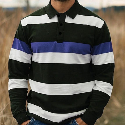 Casual Men's Digital Print Long-Sleeve Polo Neck Top in black white and blue horizontal stripes, slim casual fit for everyday wear