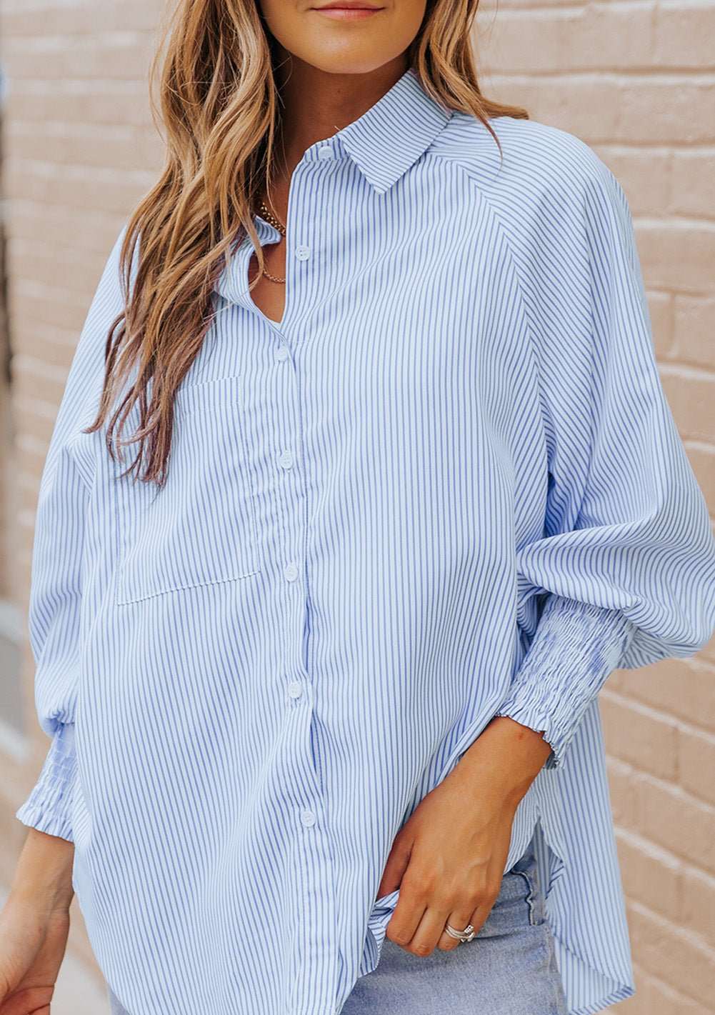 Striped Lantern Sleeve Collared Shirt