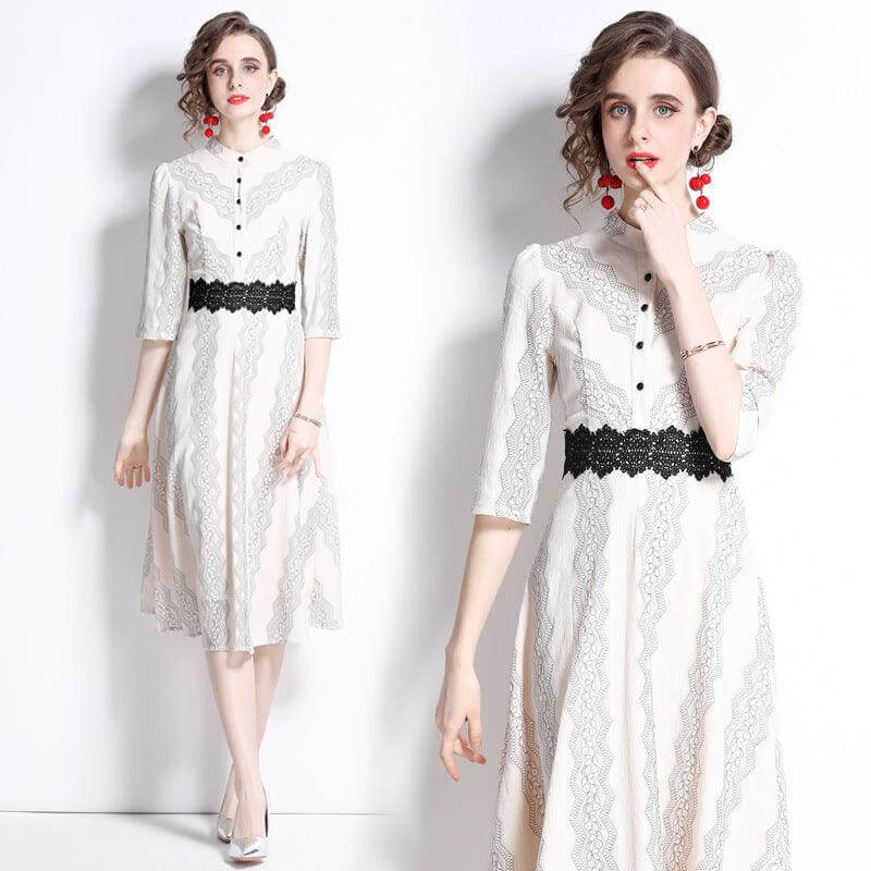 Apricot Lace Embroidered 7-Point Sleeve Dress for Elegant Occasions