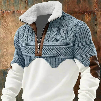 Versatile Slim-Fit Men's Hoodie for Everyday Winter Outings - light blue cable-knit pullover with sherpa collar and leather elbow patches