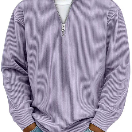Men's Corduroy Zipper Stand Collar Long Sleeve Sweatshirt in lavender sky blue with half-zip and relaxed fit, perfect for casual layering and transitional weather.