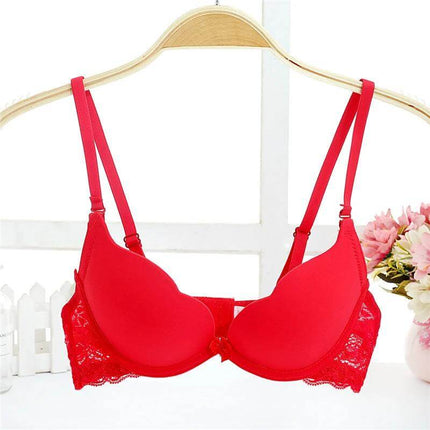 Comfortable Lace Bra for Small Busts and Everyday Wear for Students - red lace bra with bow detail on hanger
