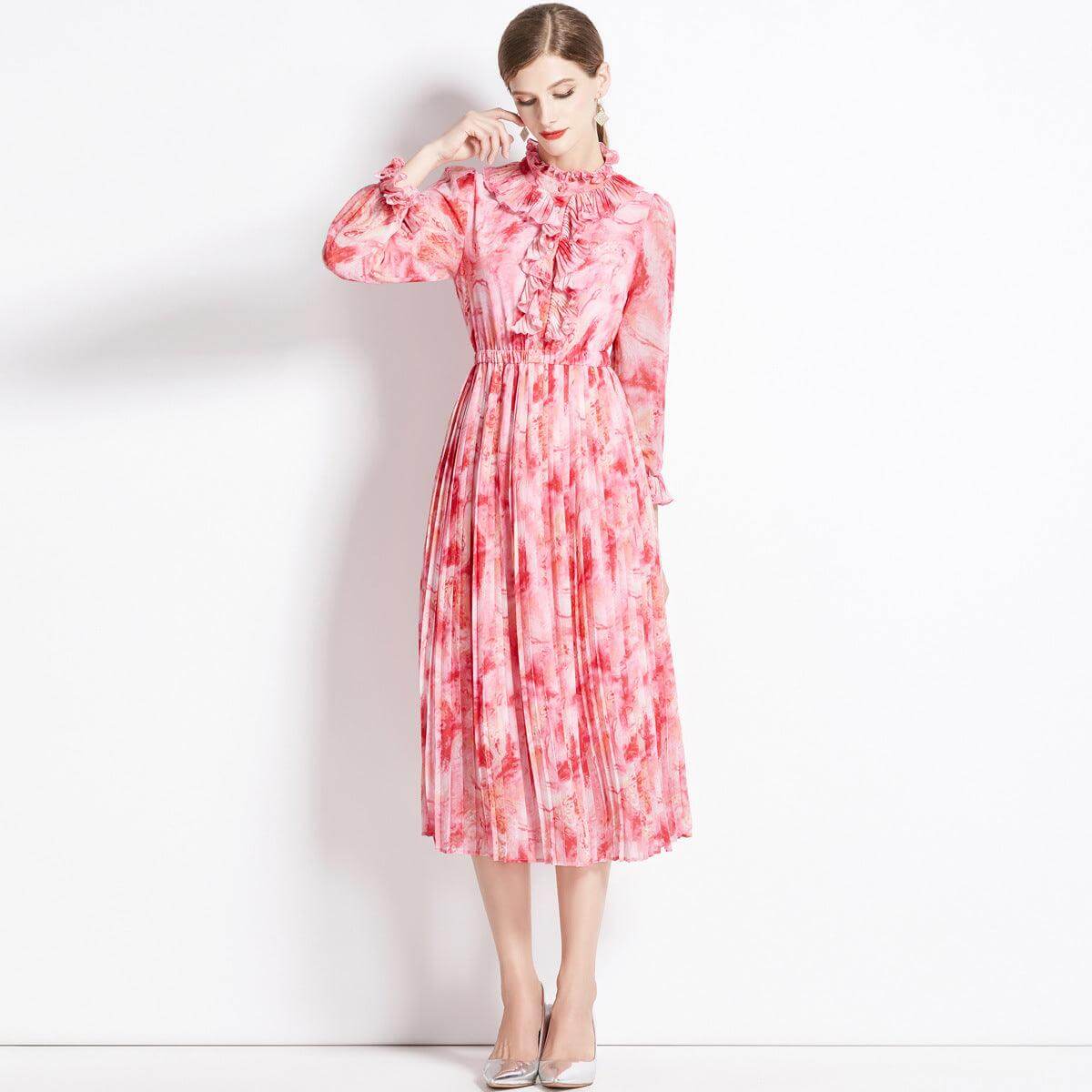 Elegant French Floral Chiffon Dress with Long Sleeves for Women