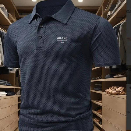 Men's Solid Color Short-Sleeved Lapel Polo Shirt for Casual Wear - navy pinhole cloth polo styled with jeans and chinos