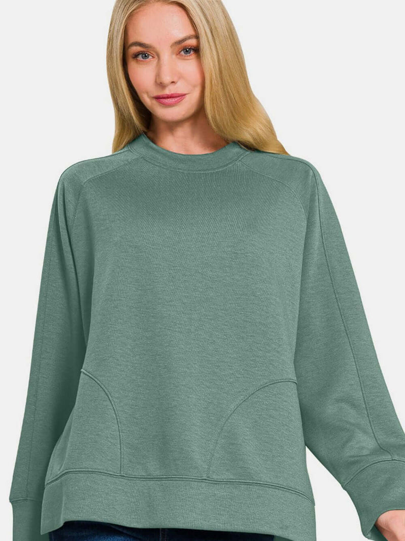 Zenana Scuba Round Neck Side Slit Sweatshirt