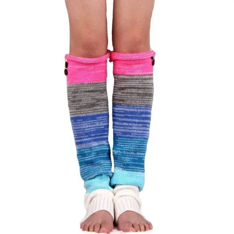 1 Pair Women Multi Color Stitching Button Knitted Leg Warmers