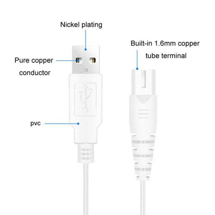 1.25m USB Shaver Charging Cable For Daily Grooming showing USB A to grooming connector, pure copper conductor, nickel plating, PVC jacket, 1.6mm copper tube terminal