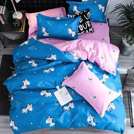 1.5m Four Piece Printed Bedding Set for Everyday Use on blue and pink zebra print polyester duvet and pillowcase set