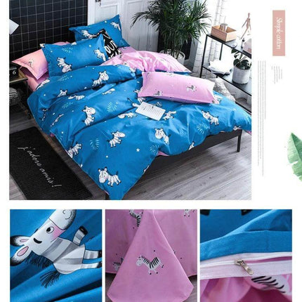 1.5m Four Piece Printed Bedding Set for Everyday Use - blue zebra print polyester duvet cover and pillowcases on 1.5m bed, durable easy-care set