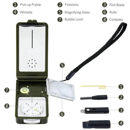 10-In-1 Portable Compass For Camping, Hiking, And Outdoor Trips compact ABS multi-tool with compass, thermometer, hygrometer, LED light and survival tools (75x40x25mm, 70g)