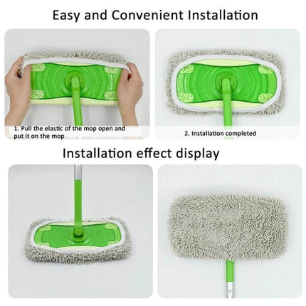 10-Inch Flat Mop Replacement Pads for Swiffer Sweeper Chenille Gray shown installed on green mop head, washable reusable chenille cleaning pad for floors