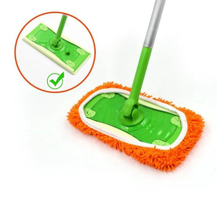 10-Inch Flat Mop Replacement Pads for Swiffer Sweeper Chenille Gray shown on green mop head capturing dust and hair in kitchen cleaning