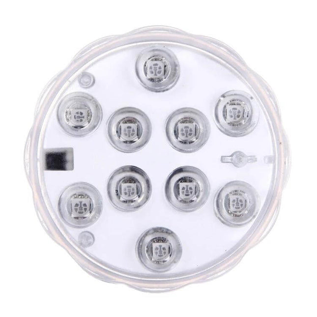 10 LED Cylinder Submersible Lights for Decor with Remote shown top-down, clear waterproof LED puck for vases, centerpieces, and wedding decor