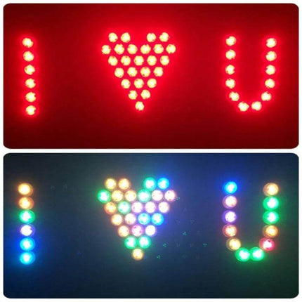 10 LED Cylinder Submersible Lights for Decor with Remote showing red and multicolor I ♥ U arrangements for wedding and party centerpieces