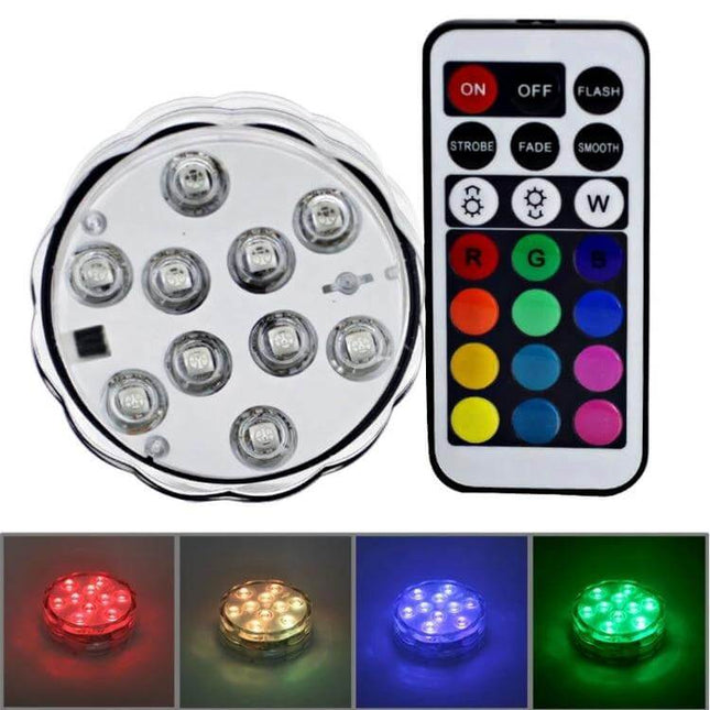 10-LED Underwater Light With Remote Control For Parties, waterproof submersible LED puck with remote showing multicolor party lighting
