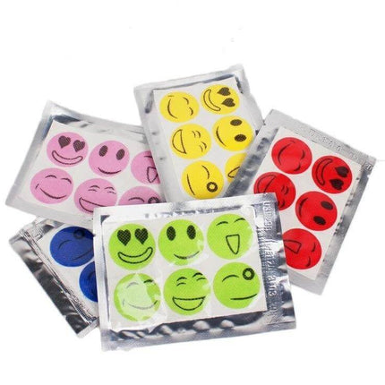 10-Pack Mosquito Repellent Stickers For Outdoor Wear - colorful emoji sticker sachets showing green yellow red blue pink mosquito repellent patches for clothing, hats, backpacks