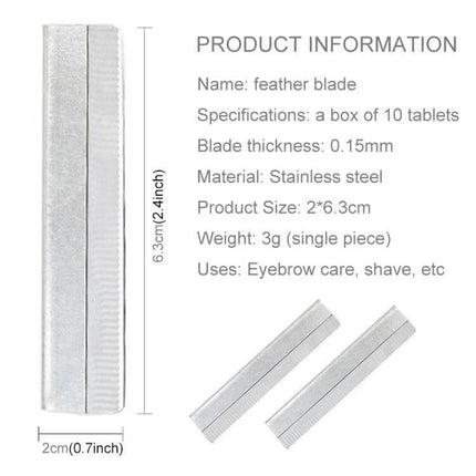 10-Piece Professional Hairdressing Scraper Blades For Eyebrow Shaping stainless steel 6.3cm feather blades pack showing dimensions and product info