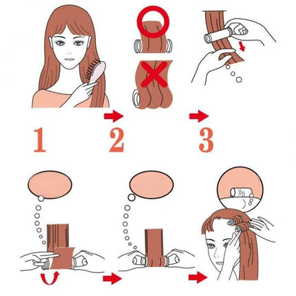 10-Piece Rechargeable Heated Curling Rollers Set for At-Home Styling instructional diagram showing steps to roll and secure hair with large and small tourmaline ceramic rollers