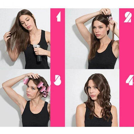 10-Piece Rechargeable Heated Curling Rollers Set for At-Home Styling showing step-by-step use with tourmaline ceramic rollers and pins for defined curls