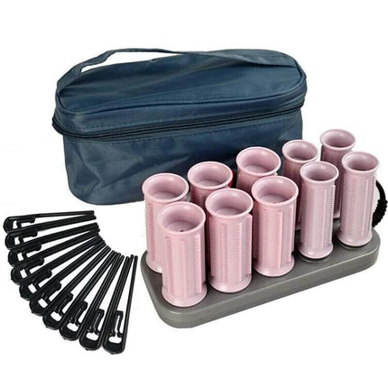 10-Piece Rechargeable Heated Curling Rollers Set for At-Home Styling with tourmaline ceramic rollers, 6 large and 4 small, pins and travel pouch