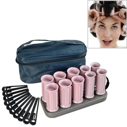 10-Piece Rechargeable Heated Curling Rollers Set for At-Home Styling with tourmaline ceramic rollers, 6 large and 4 small, clips and storage bag