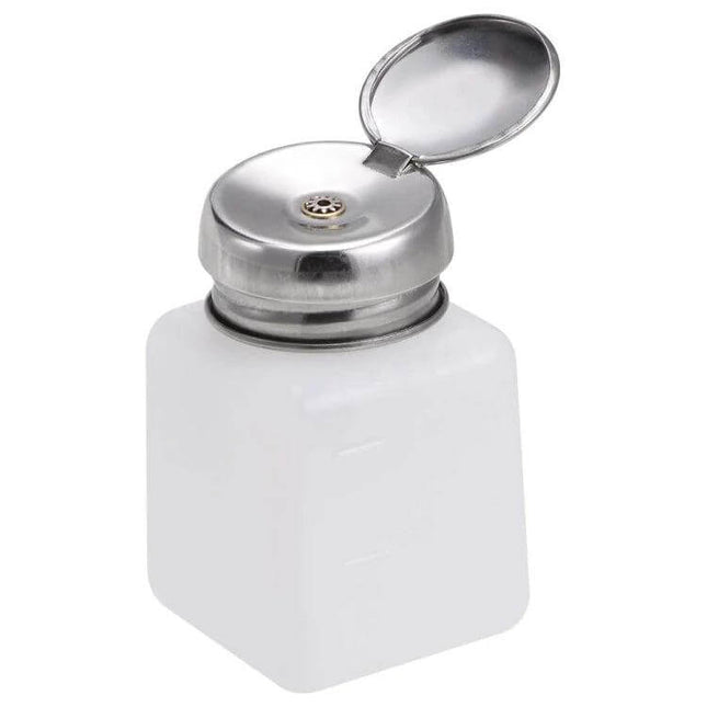 100ml Push Down Liquid Container For Nail Art And Makeup – white 100ml bottle with stainless steel push-down pump and flip cap, marked 50ml/100ml