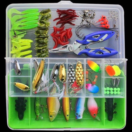 101 Piece Fishing Lure Kit With Plastic Box For Everyday Fishing — organized lures, spoons, soft baits, hooks and pliers in clear plastic storage box