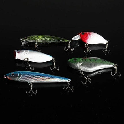 101 Piece Fishing Lure Kit With Plastic Box For Everyday Fishing - five assorted durable lures displayed on black background, ready for ponds and rivers