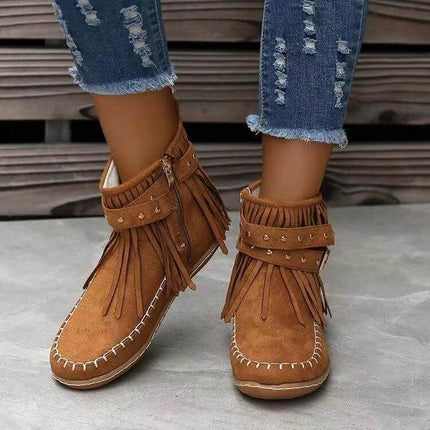 Retro Suede Ankle Boots With Tassel Rivet Flat Winter Wear suede ankle boots with tassel rivet, side zipper, anti-slip sole, warm cotton lining
