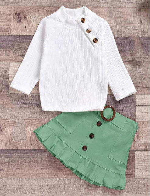 Girl's Pure Cotton Skirt Suit Set for Toddlers, Ages 1-3 - white ribbed top with button detail and green ruffled skirt for playdates and outings