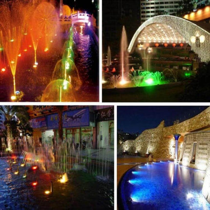 10W Underwater Spotlight For Pools And Fish Tanks illuminating colorful fountain and pool features at night, aluminum housing, warm white and color options