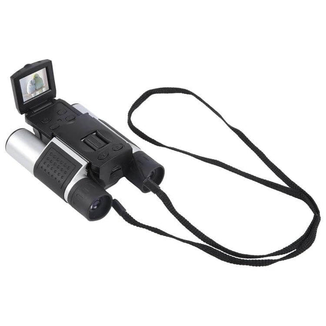 10X Binocular Telescope With LCD Screen For Nature Watching handheld unit with flip-up LCD showing captured image and neck strap