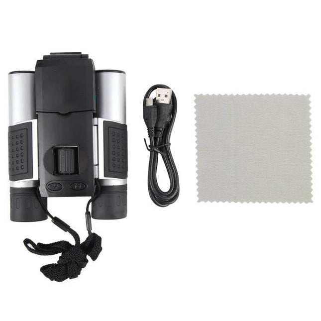 10X Binocular Telescope With LCD Screen For Nature Watching showing binoculars, USB cable and cleaning cloth on white background