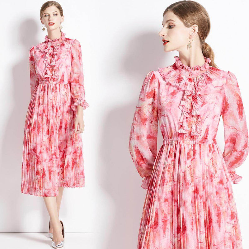 Elegant French Floral Chiffon Dress with Long Sleeves for Women