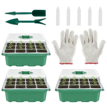 11 Piece Seedling Cultivation Tools Set for Home Gardening with three green nursery boxes, gloves, labels and hand tools